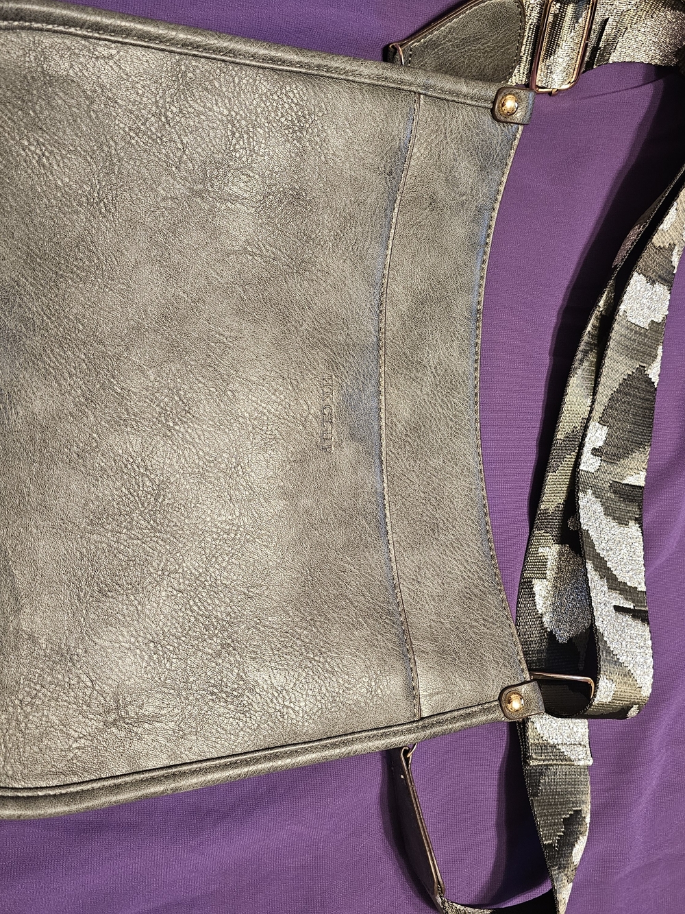 Metallic Gray Shoulder Bag with Patterned Strap